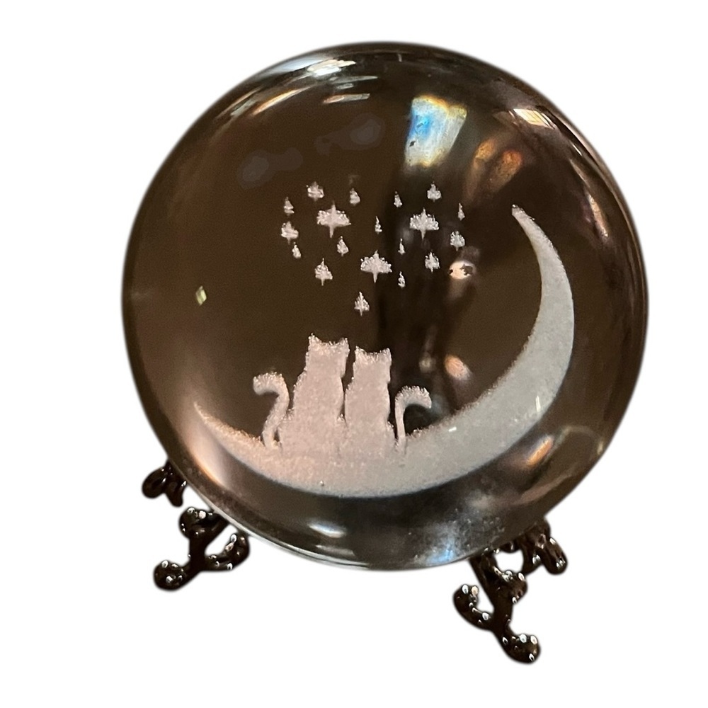 Crystal Ball With Two Cats On Moon Heart Stars With Stand